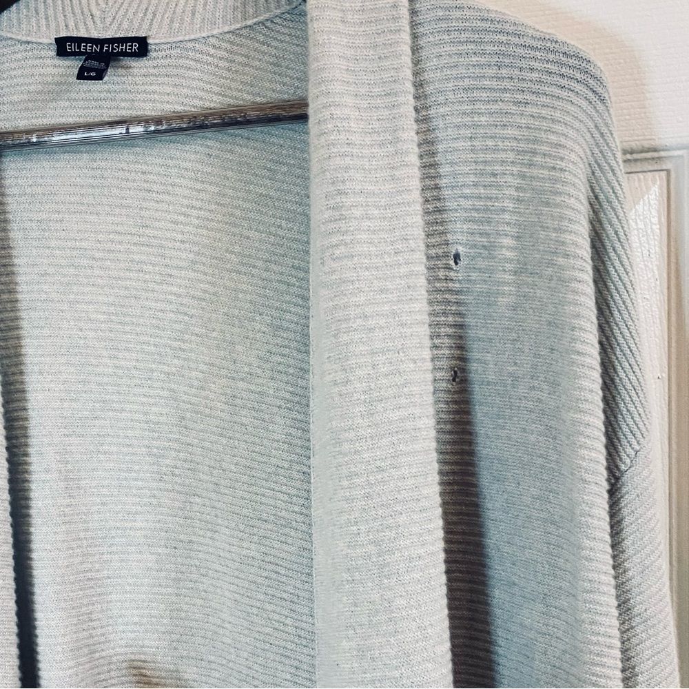 Eileen Fisher Light Gray Ribbed 100% Cashmere Long sleeve Shawl Open Cardigan L - Picture 16 of 16